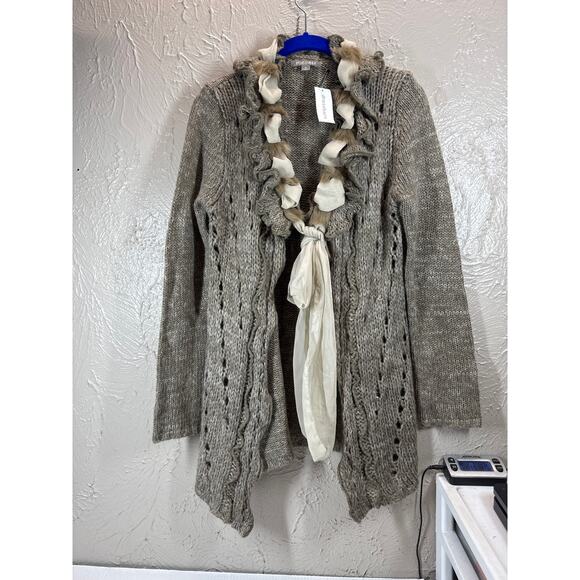 Roz & Ali Womens Open Front Wool Blend Cardigan Ruffle Faux Fur Size Large NWT - Picture 1 of 4